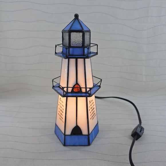 Other - Tiffany Style Stained Glass Nautical Lighthouse Electrical Lamp with Bible Verse